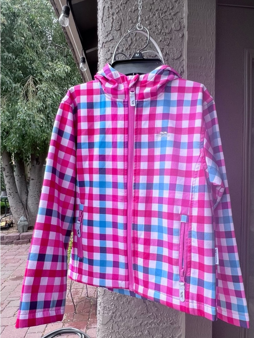 Trespass Pink, Blue & White Plaid Zip Jacket with Hood & Pockets
